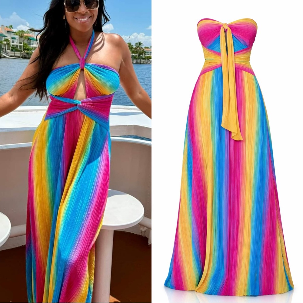 . Pretty Pop Super Colorful Rainbow Ribbed Flowy Halter Maxi Dress - Picture 6 of 9